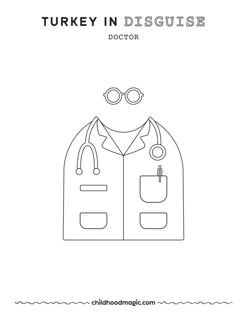 Black outline of a doctor coat and glasses on a white background.