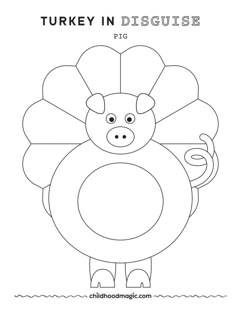 Black outline of a turkey wearing a pig costume as a disguise on a white background.