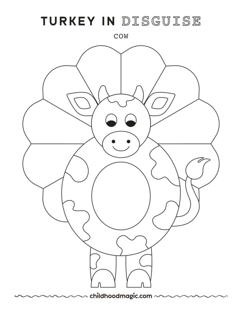 Black outline of a turkey wearing a cow outfit as a disguise on a white background.