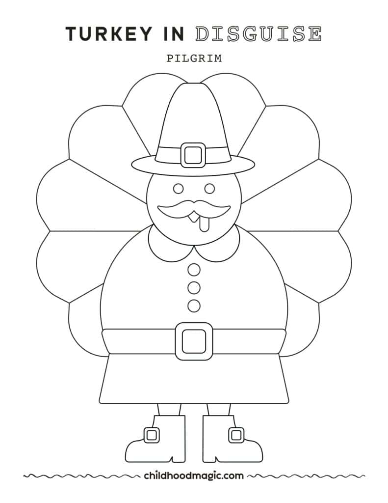 Black outline of a turkey wearing a pilgrim outfit as a disguise on a white background.