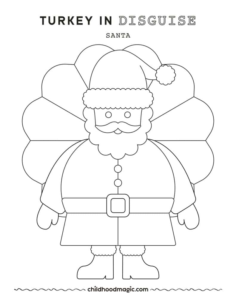 Black outline of a santa outfit over turkey feathers as a turkey in disguise costume.