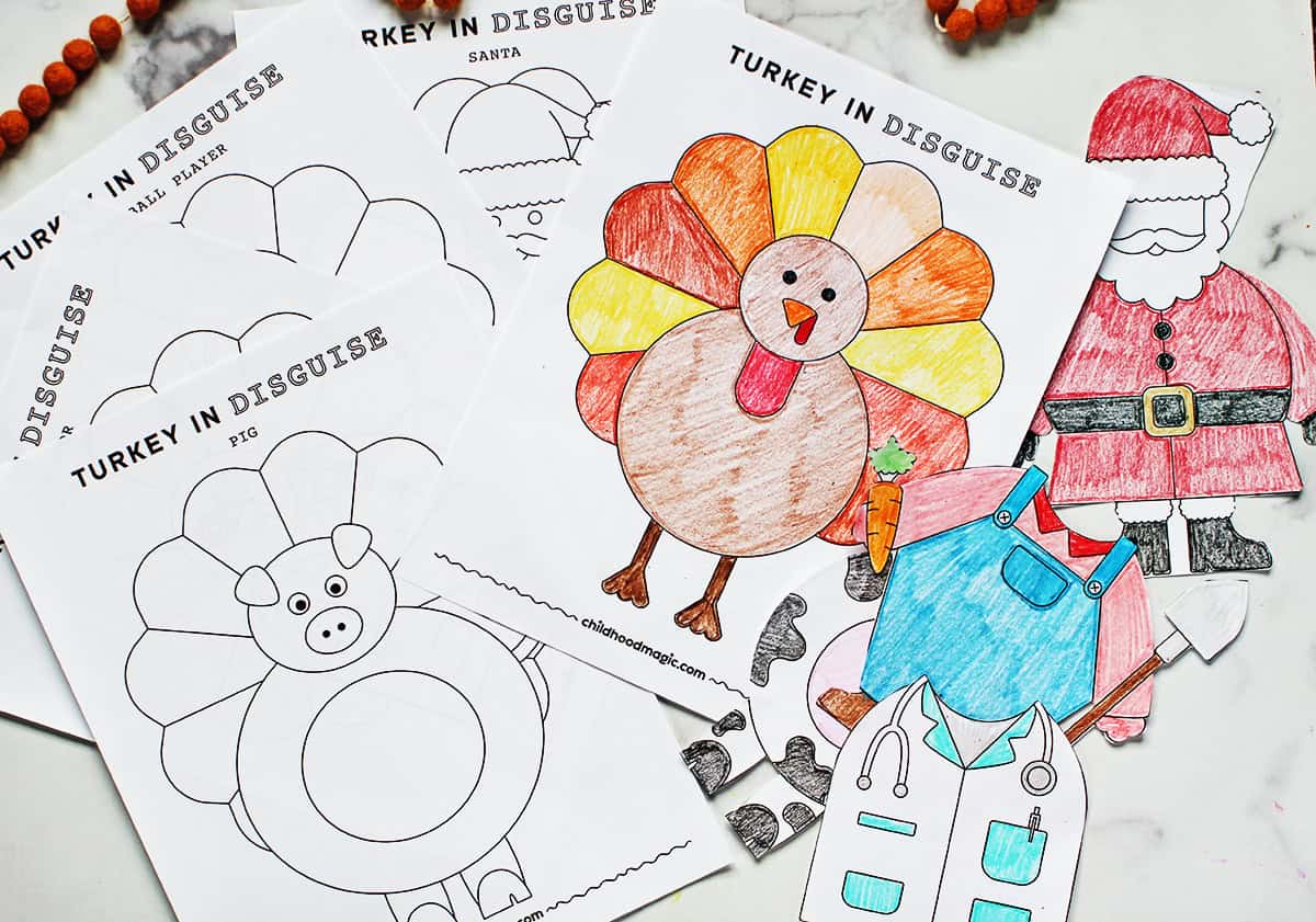 coloring page of a turkey next to cut out outfits for the turkey as a turkey in disguise craft.