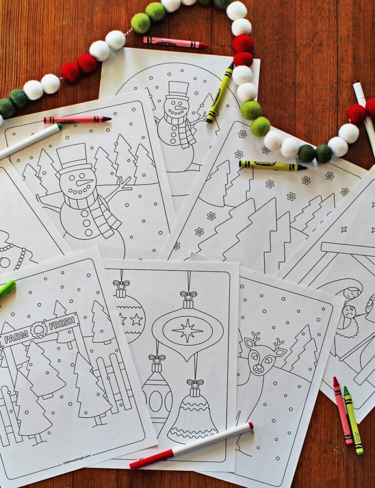 Eight Christmas themed coloring pages laid out for coloring.