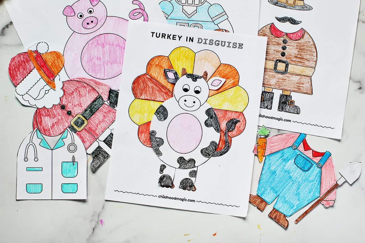 Coloring page of a turkey with a colored cow outfit over it.
