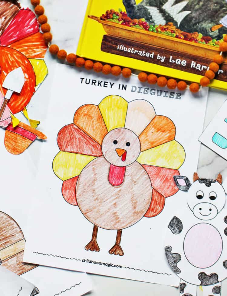coloring page of a turkey next to cut out outfits for the turkey as a turkey in disguise craft.