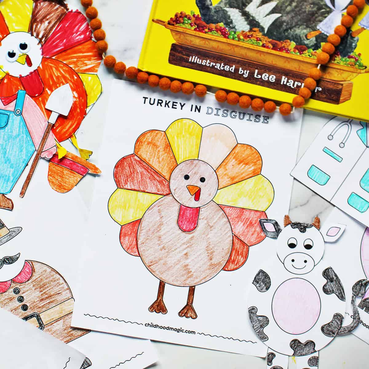 coloring page of a turkey next to cut out outfits for the turkey as a turkey in disguise craft.